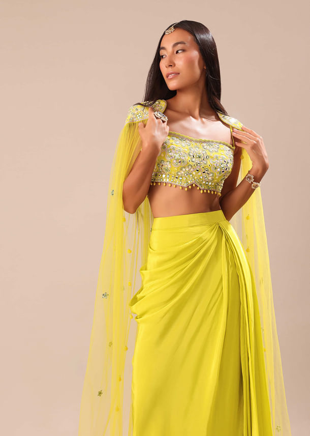 Citrus Green Draped Skirt With Embroidered Blouse And Cape