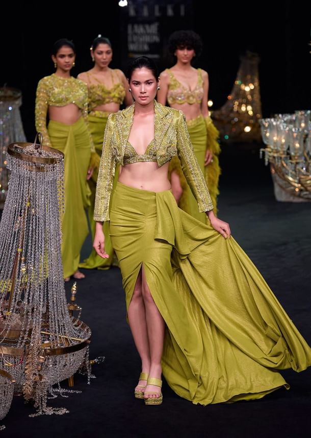 Citrus Green Draped Slit Skirt With Embroidered Short Jacket