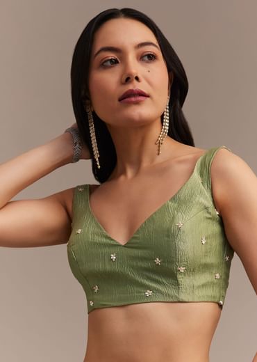 Citrus Green Tissue Organza Saree Embroidered With Cutdana And Beads