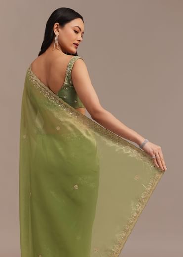 Citrus Green Tissue Organza Saree Embroidered With Cutdana And Beads