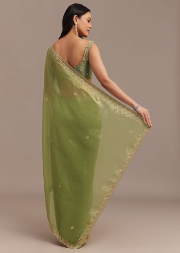 Citrus Green Tissue Organza Saree Embroidered With Cutdana And Beads