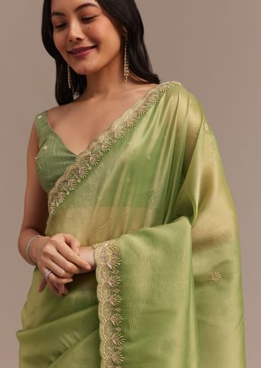 Citrus Green Tissue Organza Saree Embroidered With Cutdana And Beads