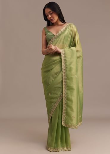 Citrus Green Tissue Organza Saree Embroidered With Cutdana And Beads