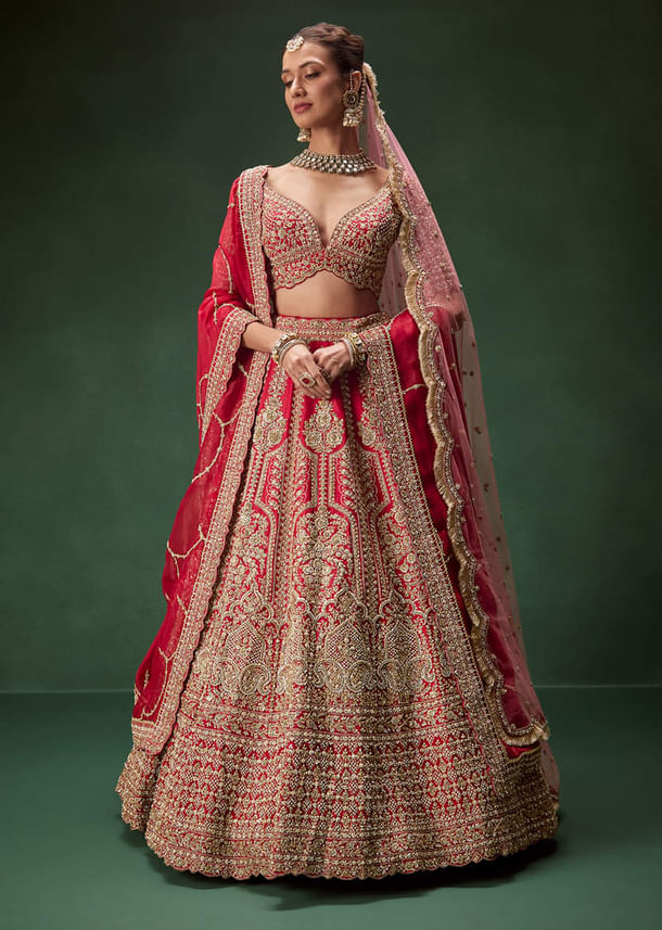 Classic Red Bridal Lehenga With All Over Zari And Dori Embroidery