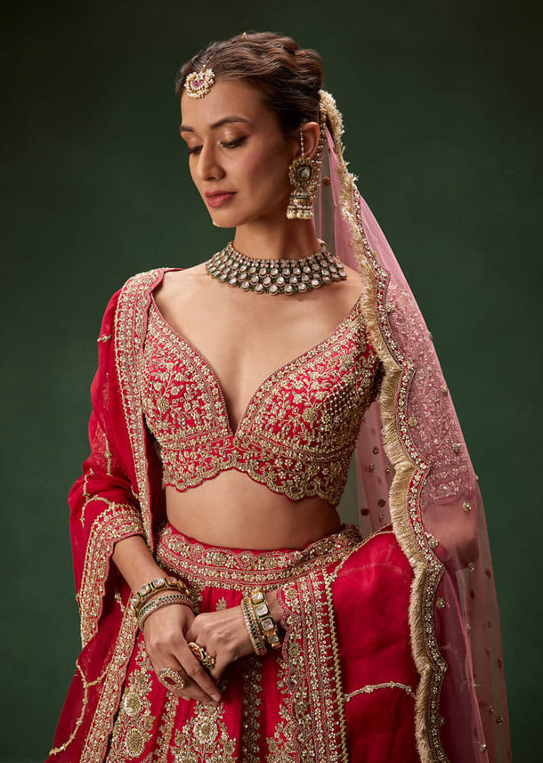 Classic Red Bridal Lehenga With All Over Zari And Dori Embroidery