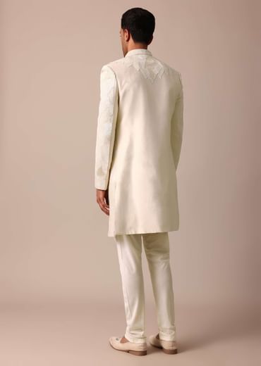 Classic Beige Banarasi Silk Sherwani Set