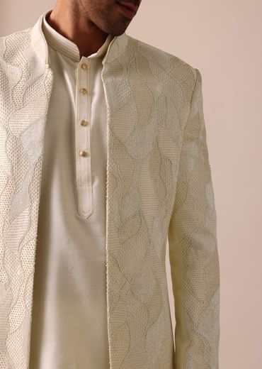 Classic Beige Banarasi Silk Sherwani Set