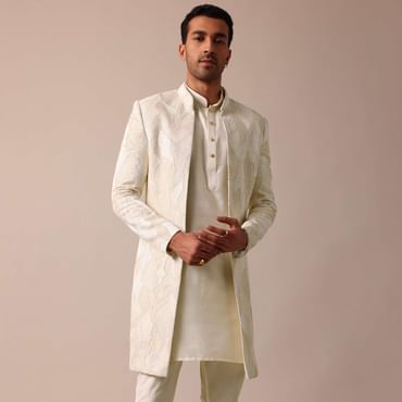 Classic Beige Banarasi Silk Sherwani Set