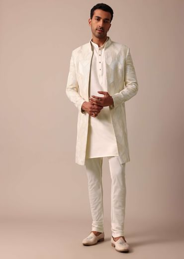 Classic Beige Banarasi Silk Sherwani Set