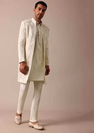 Classic Beige Banarasi Silk Sherwani Set