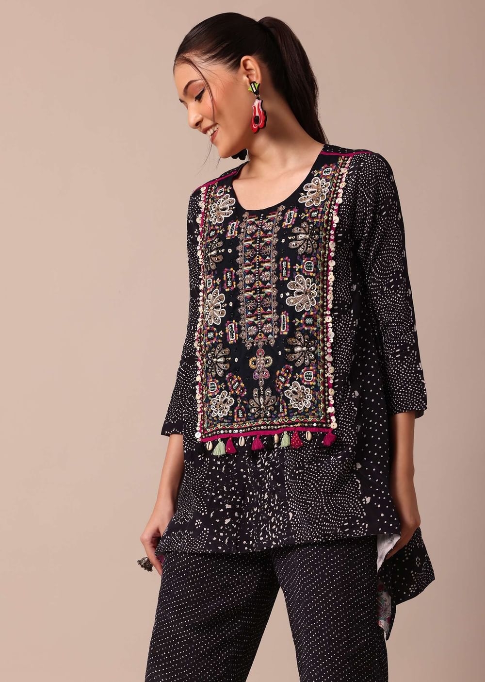 Classic Black Silk Printed Embroidery Kurta Pant Set