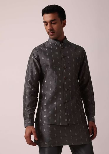 Classic Grey Silk Embroidered Jacket Kurta Set