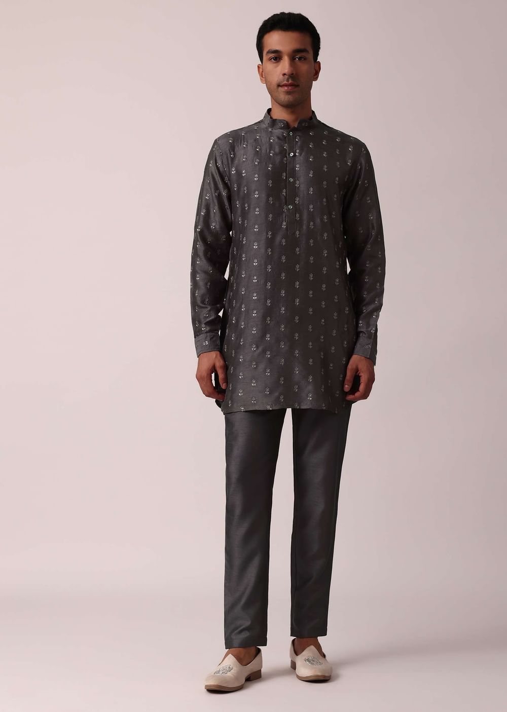Classic Grey Silk Embroidered Jacket Kurta Set