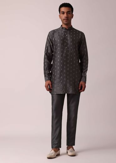 Classic Grey Silk Embroidered Jacket Kurta Set