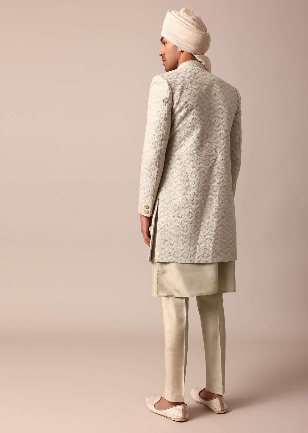 Beige Grey Silk Sherwani Set