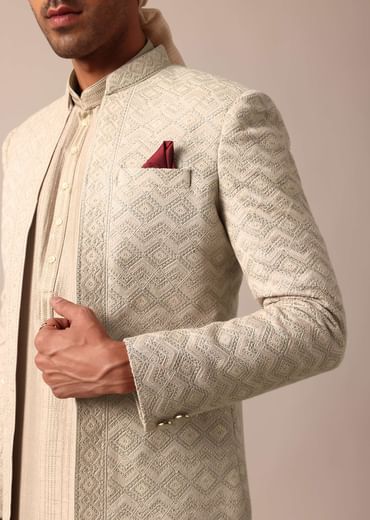Beige Grey Silk Sherwani Set Beige Grey Silk Sherwani Set