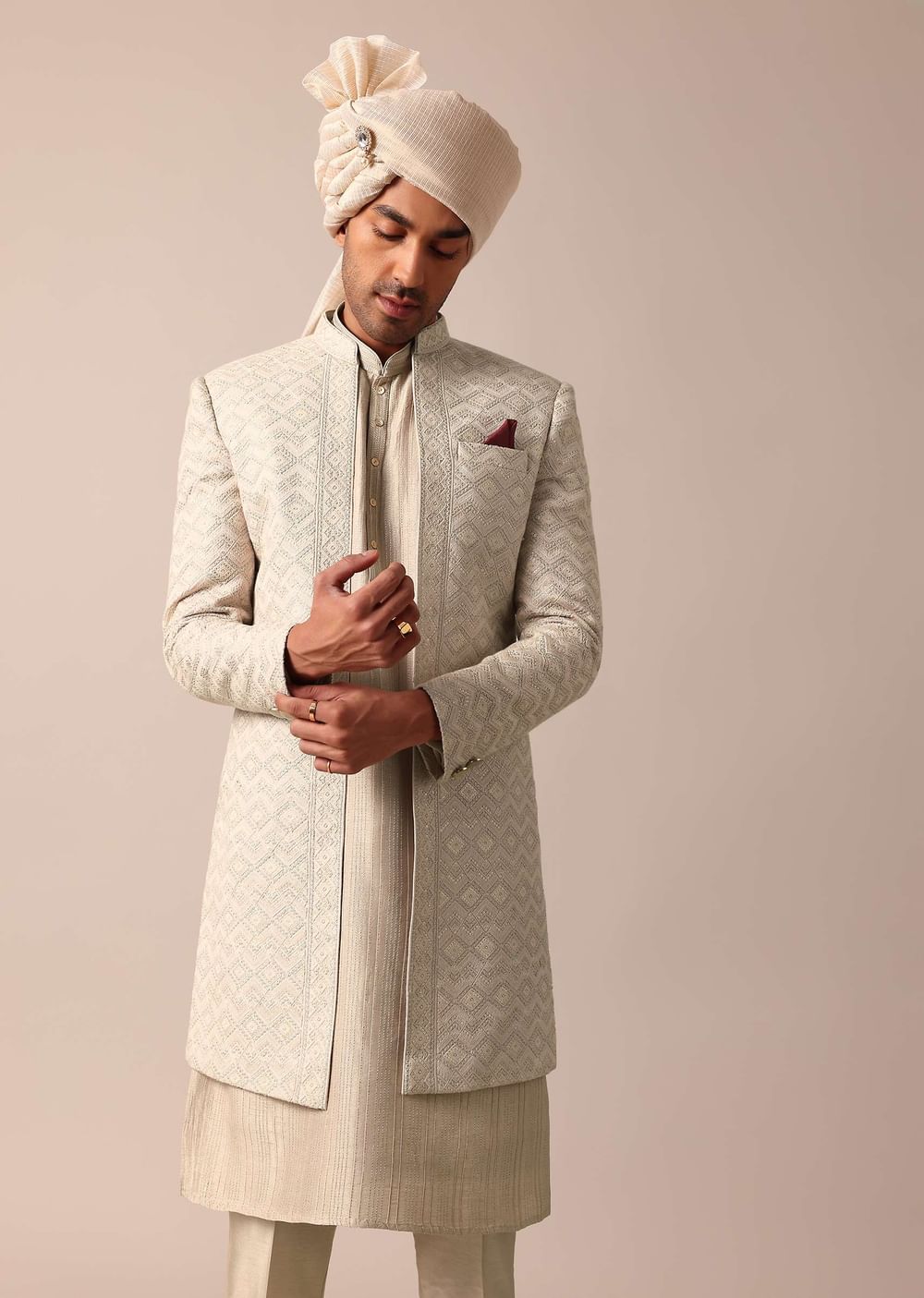 Beige Grey Silk Sherwani Set