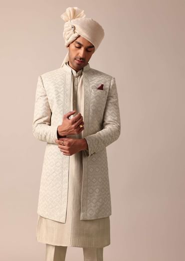 Beige Grey Silk Sherwani Set Beige Grey Silk Sherwani Set