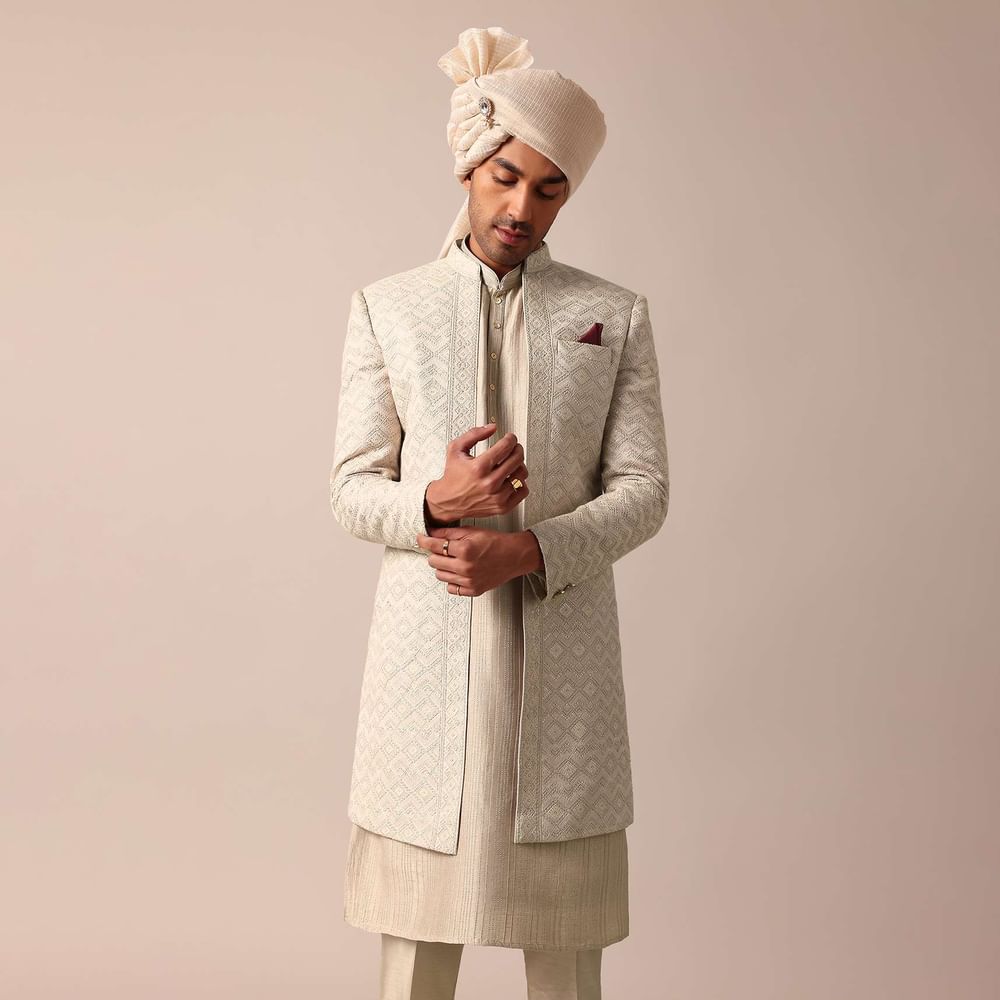 Beige Grey Silk Sherwani Set