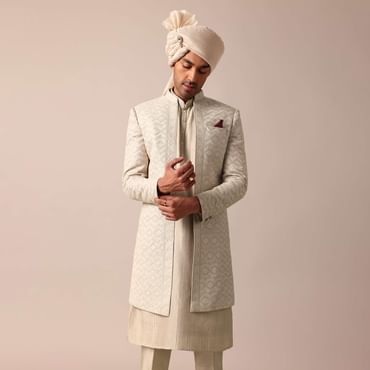 Beige Grey Silk Sherwani Set Beige Grey Silk Sherwani Set