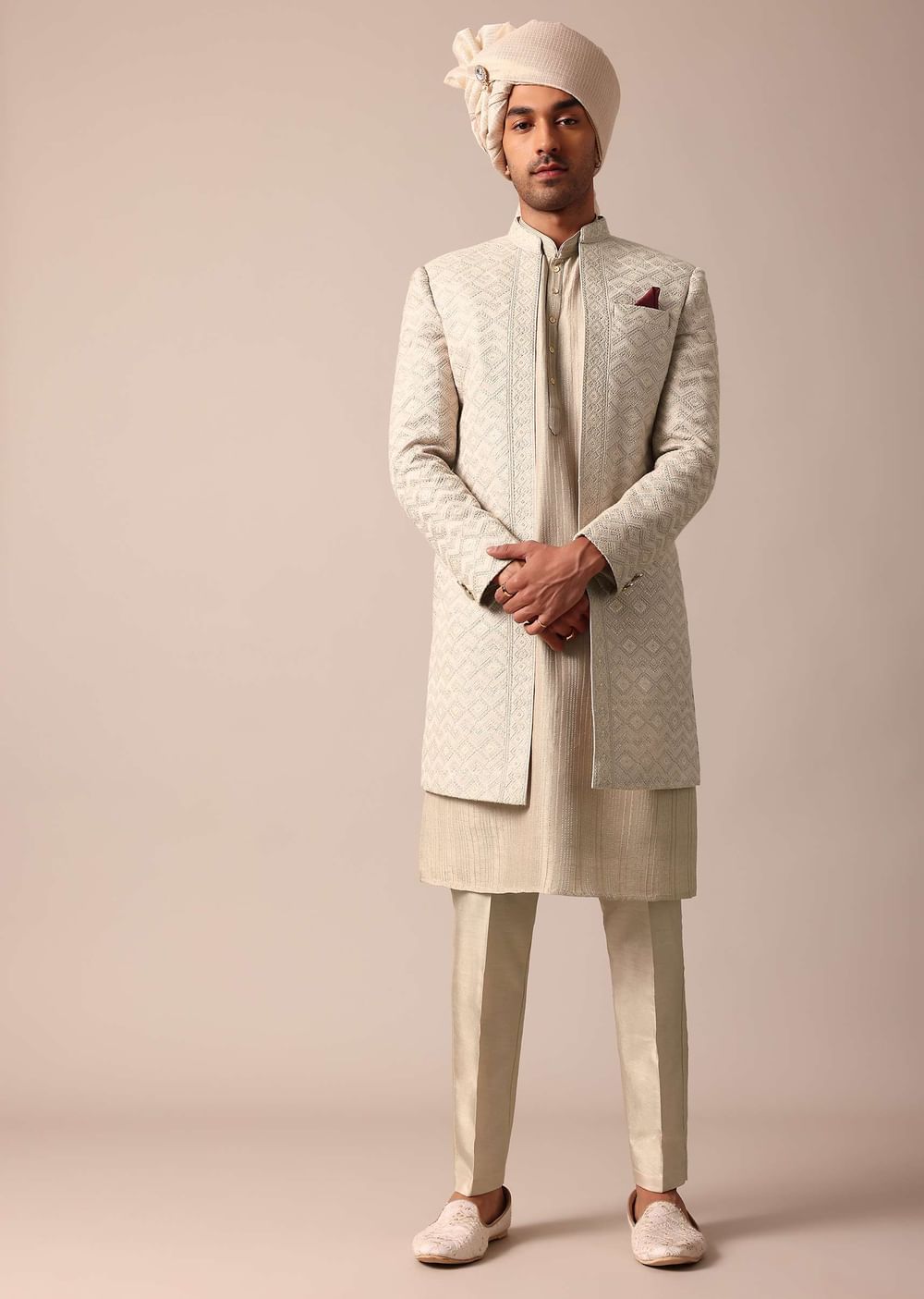Beige Grey Silk Sherwani Set