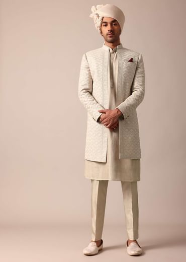 Beige Grey Silk Sherwani Set Beige Grey Silk Sherwani Set