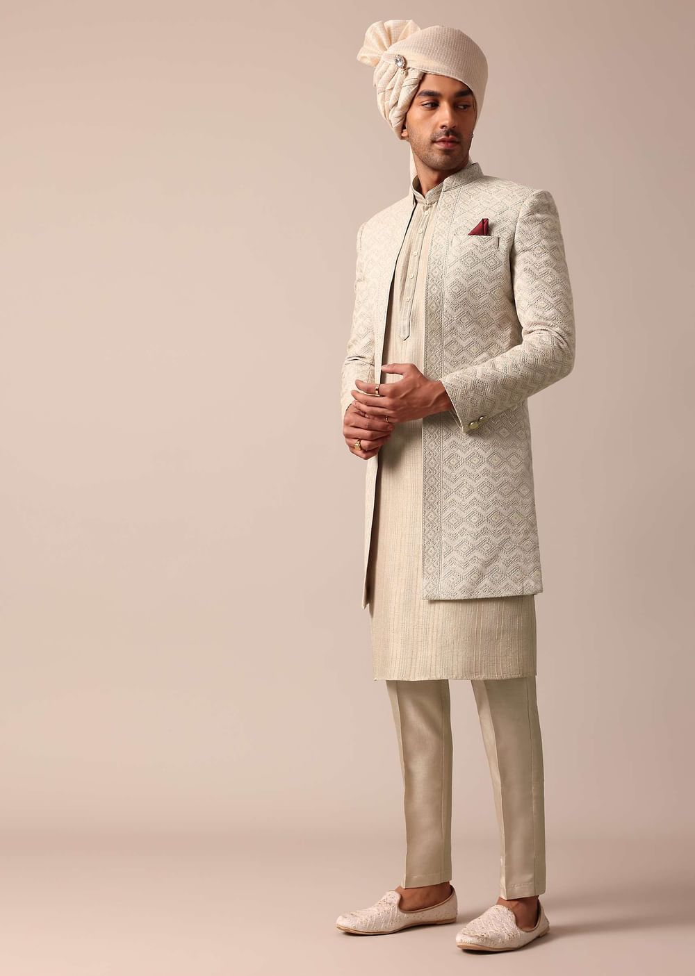 Beige Grey Silk Sherwani Set