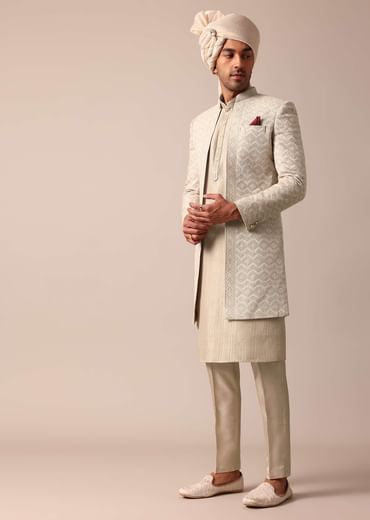 Beige Grey Silk Sherwani Set Beige Grey Silk Sherwani Set