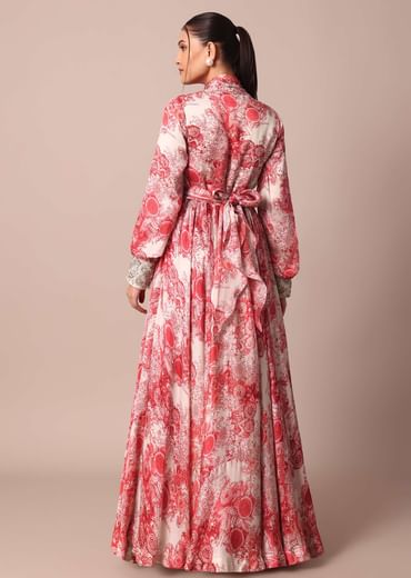 Classic Red Crepe Printed Gown With Embroidered Sleeves