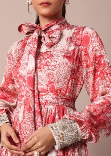 Classic Red Crepe Printed Gown With Embroidered Sleeves