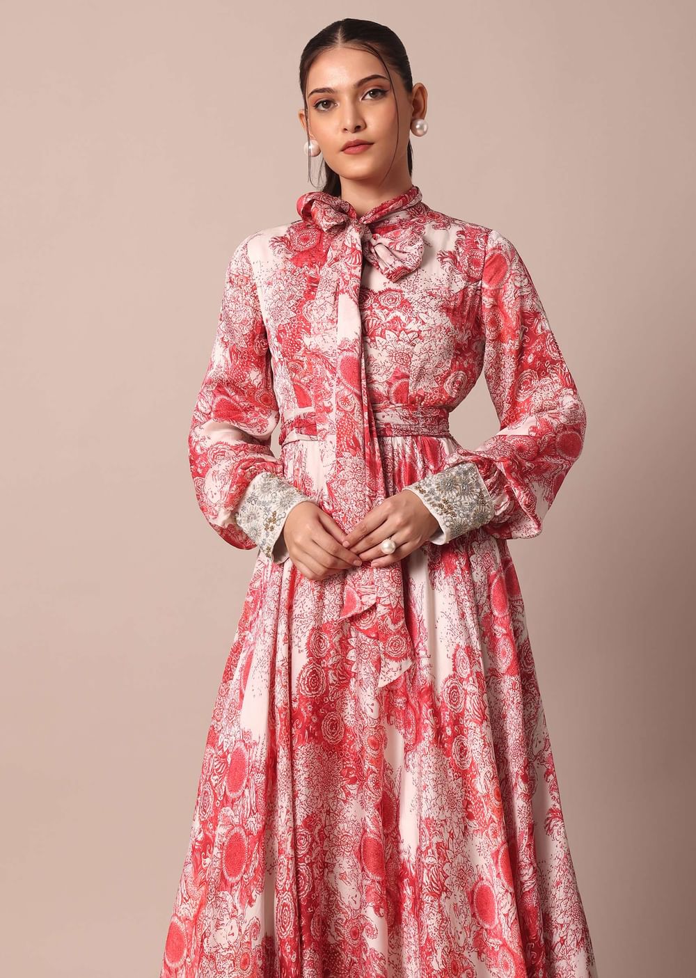 Classic Red Crepe Printed Gown With Embroidered Sleeves