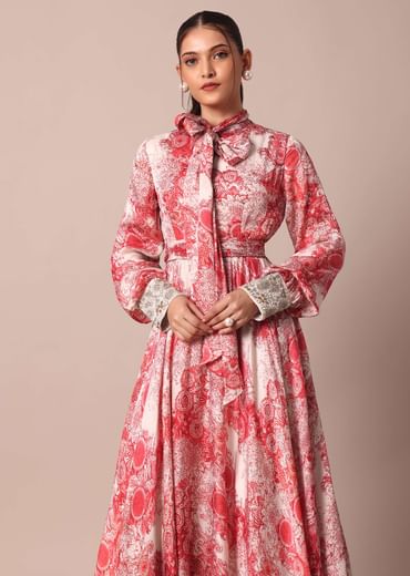 Classic Red Crepe Printed Gown With Embroidered Sleeves