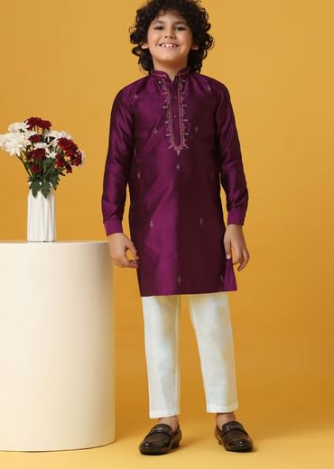 Classic Red Silk Kurta Set For Boys