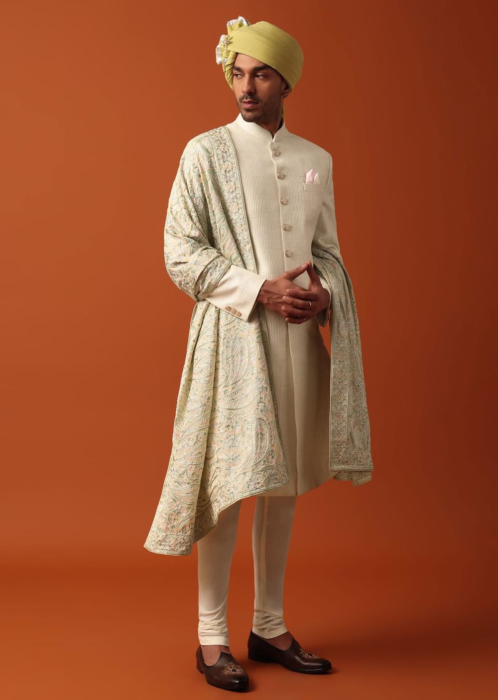 Classic White Neckline Embroidered Sherwani With Pashmina Dupatta