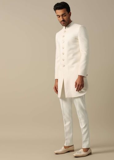 Classic White Textured Indowestern Set