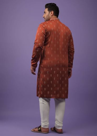 Clay Red Satin Silk Kurta Set Adorned With 3D Printed Buttis