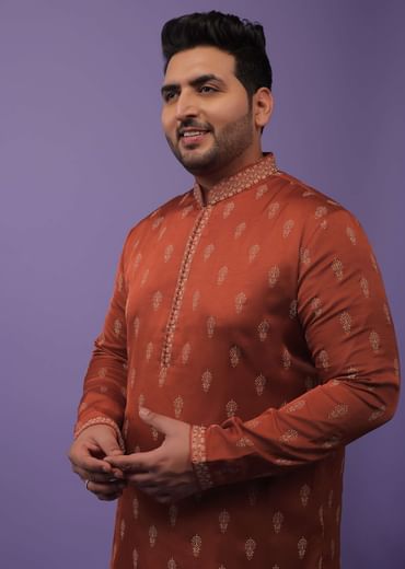 Clay Red Satin Silk Kurta Set Adorned With 3D Printed Buttis