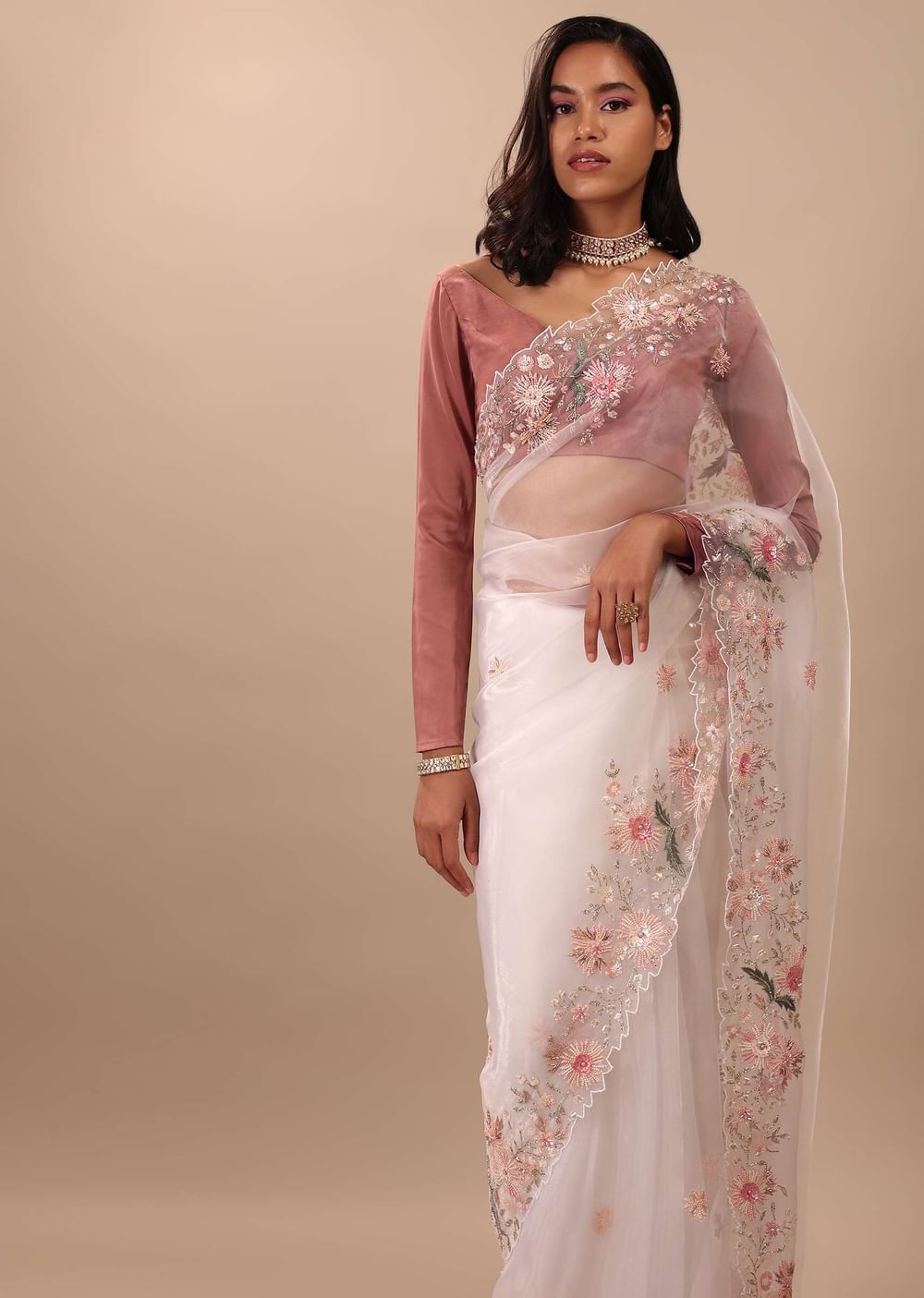 Daisy Dancer White Saree In Organza With 3D Floral Embroidery