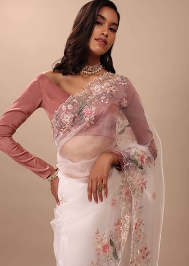 Daisy Dancer White Saree In Organza With 3D Floral Embroidery