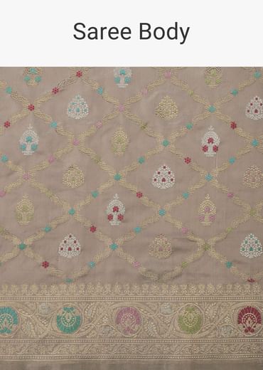 Cloud Grey Handloom Banarasi Saree In Katan Silk With 3-Gram Real Zari Weave And Unstitched Blouse