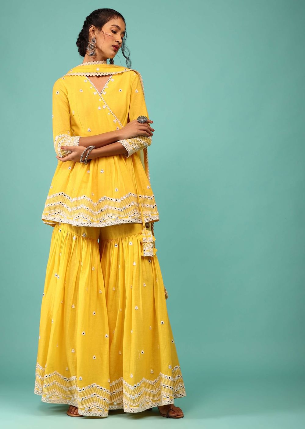 Cyber Yellow Sharara Suit In Cotton With Lucknowi Geometric Embroidery & Angarakha Peplum Top