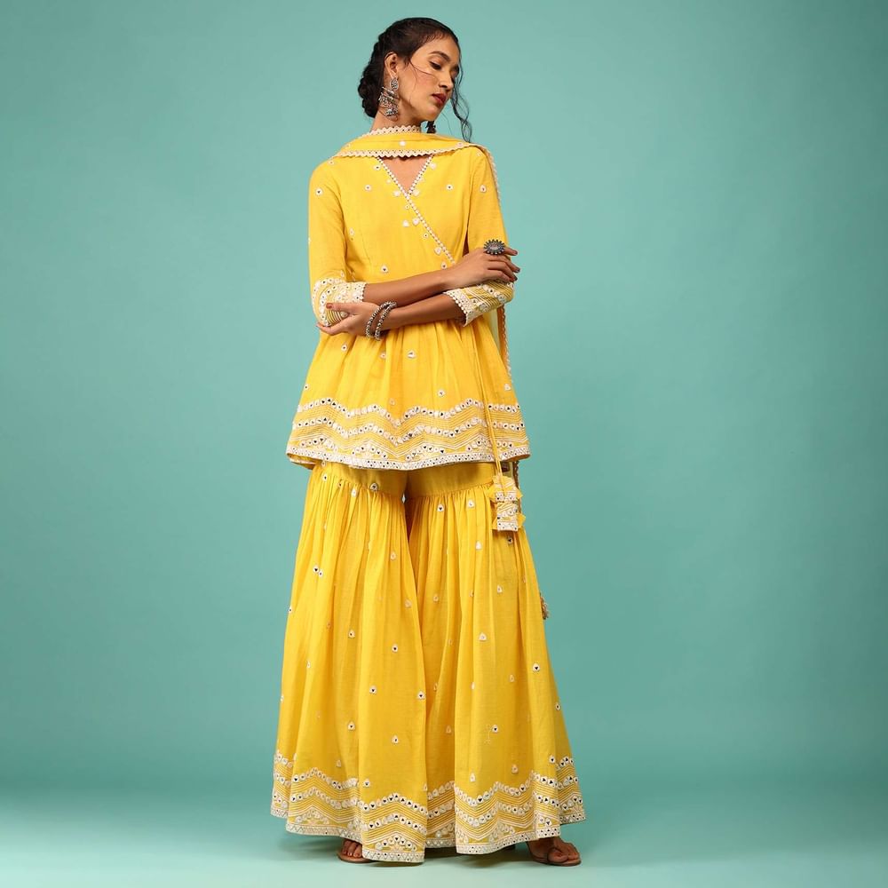 Cyber Yellow Sharara Suit In Cotton With Lucknowi Geometric Embroidery & Angarakha Peplum Top