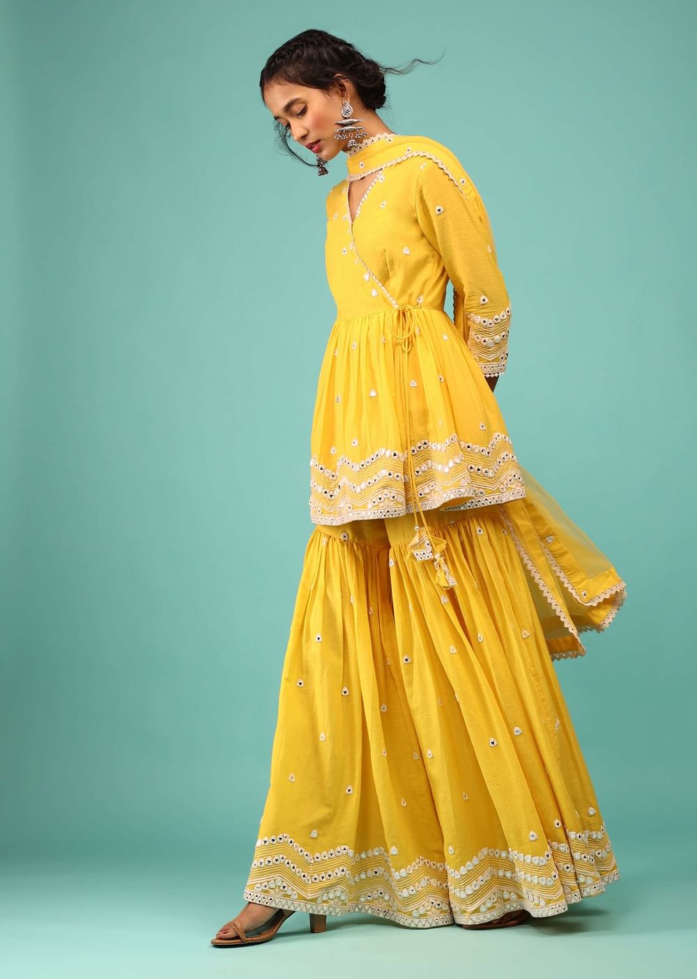 Cyber Yellow Sharara Suit In Cotton With Lucknowi Geometric Embroidery & Angarakha Peplum Top