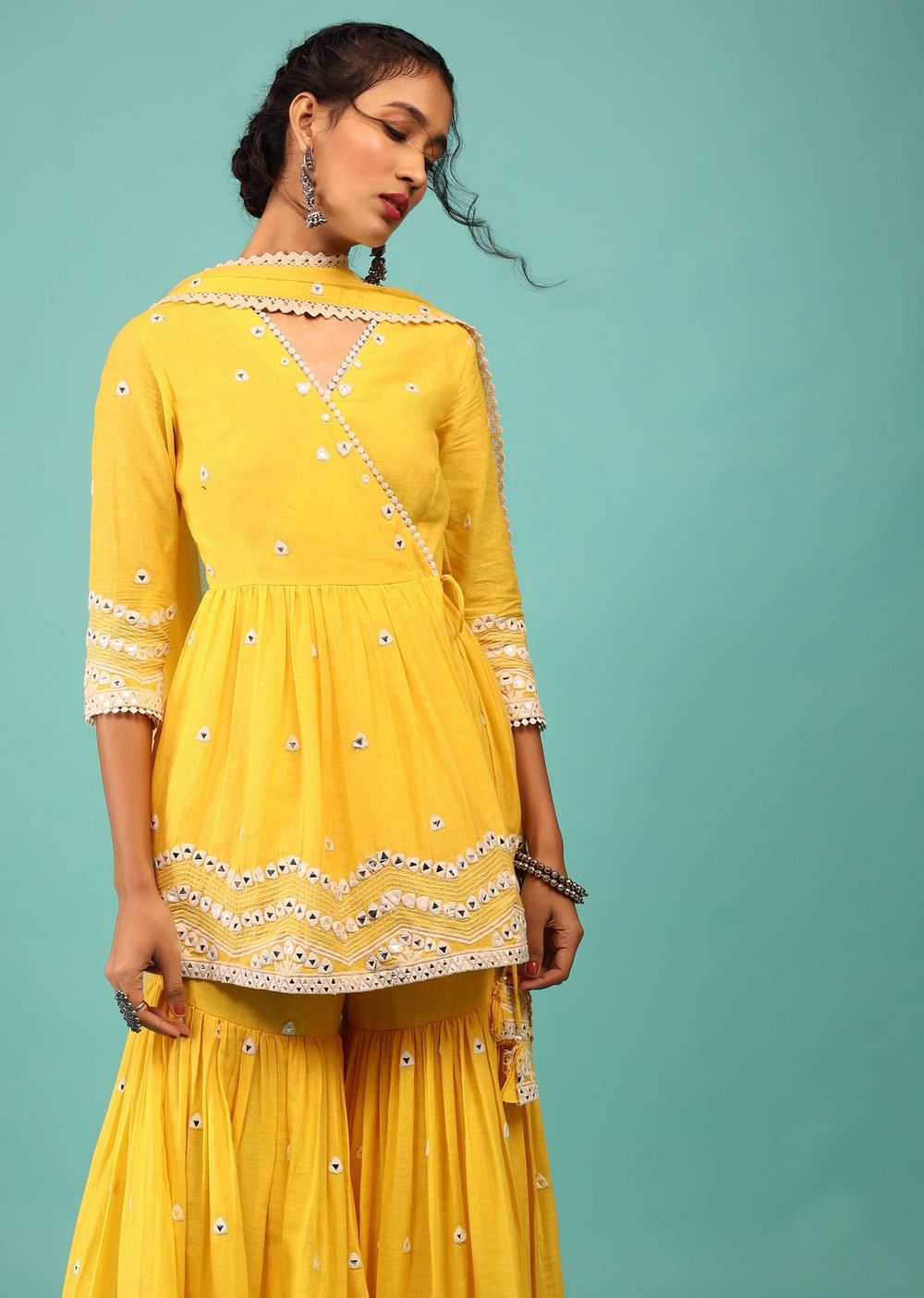 Cyber Yellow Sharara Suit In Cotton With Lucknowi Geometric Embroidery & Angarakha Peplum Top