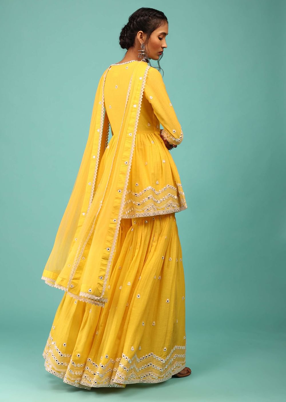 Cyber Yellow Sharara Suit In Cotton With Lucknowi Geometric Embroidery & Angarakha Peplum Top