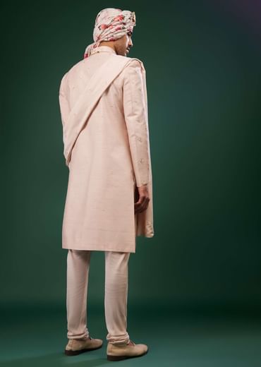 Candy Pink Thread Embroidered Sherwani Set In Raw Silk