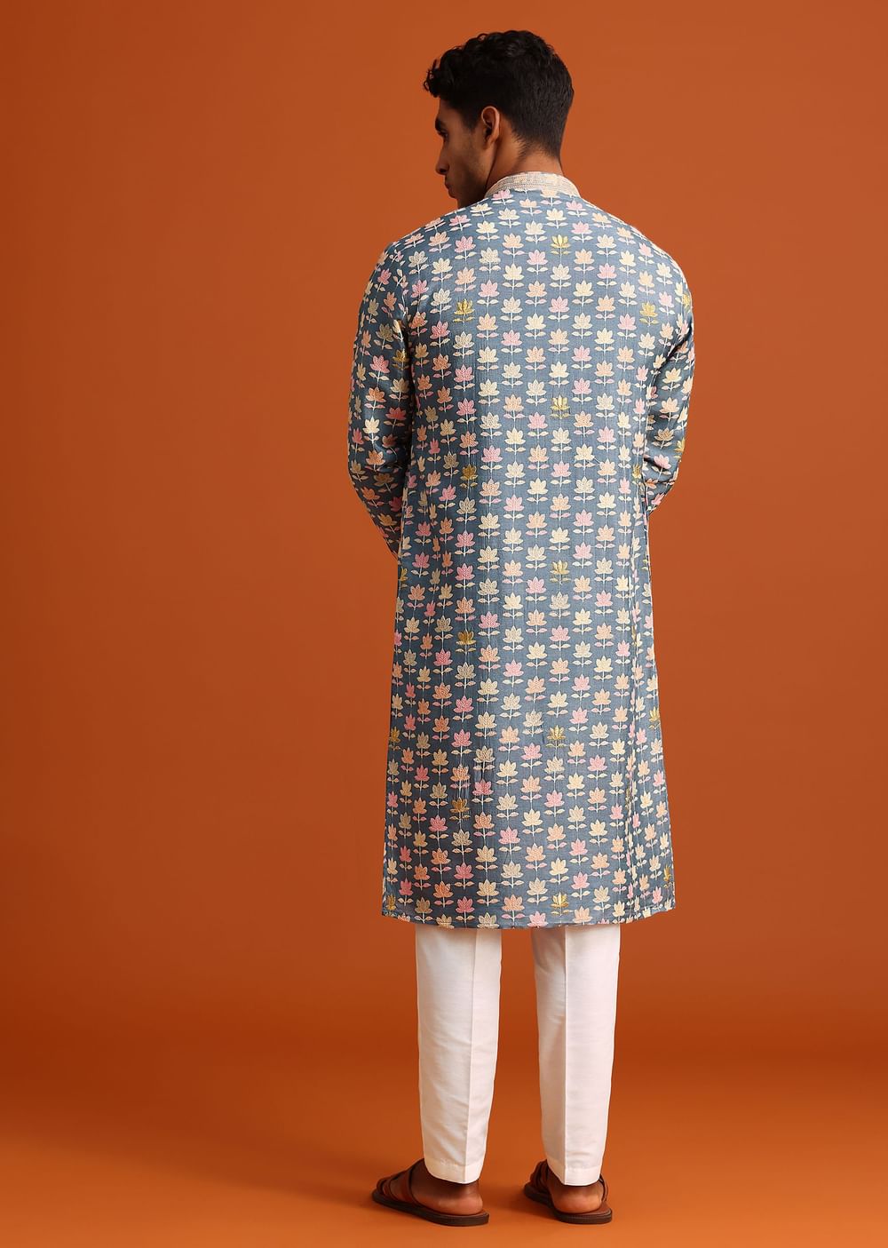 Cobalt Blue Printed Silk Kurta And Pant Set