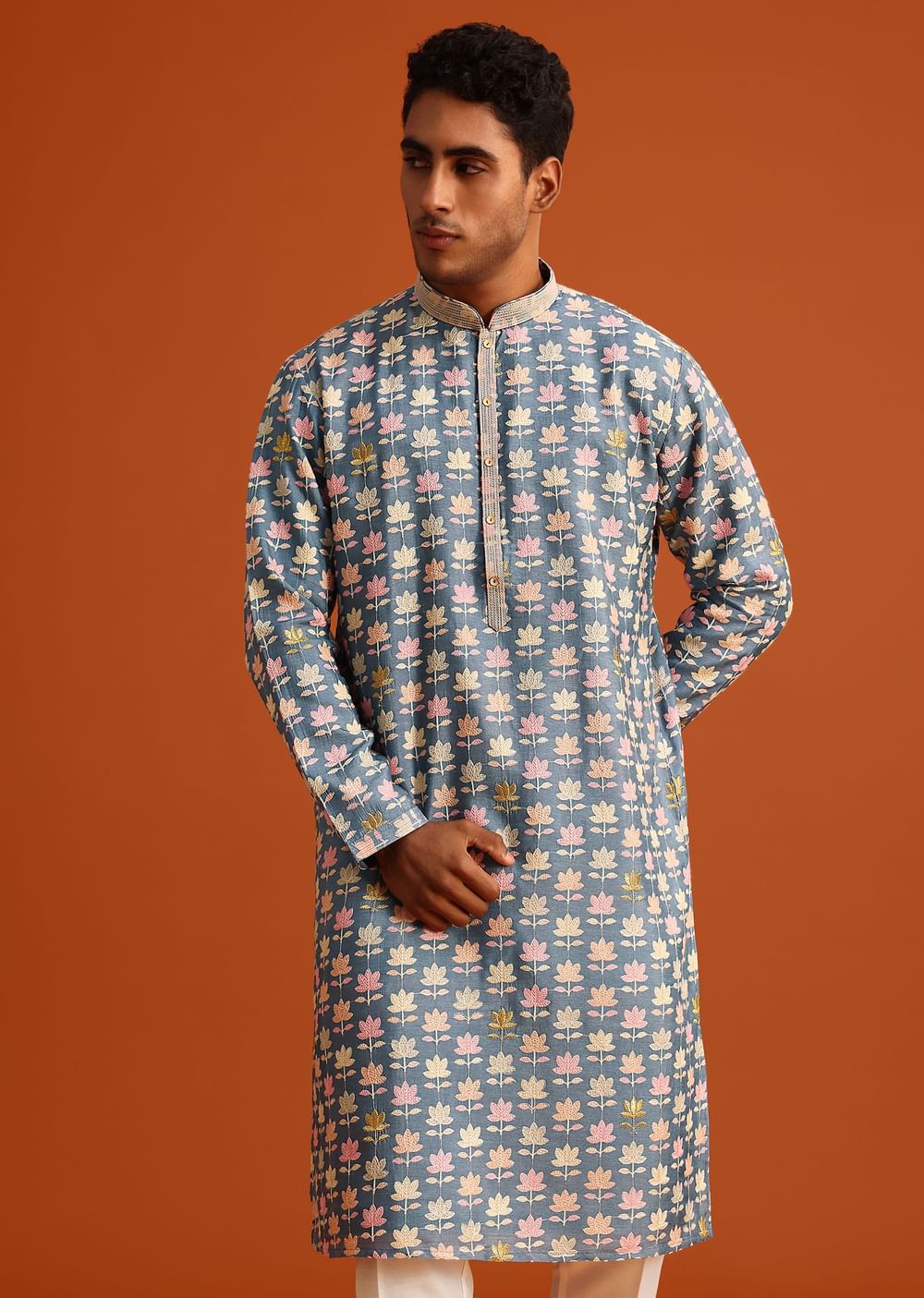 Cobalt Blue Printed Silk Kurta And Pant Set