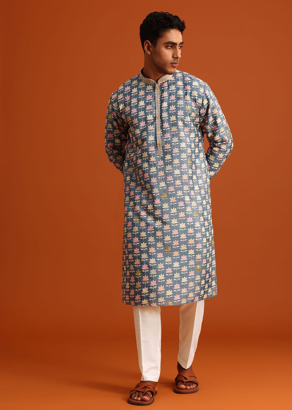 Cobalt Blue Printed Silk Kurta And Pant Set
