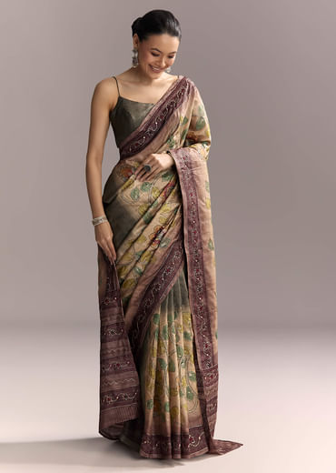 Coffee Brown Cotton Hand Painted Saree With Contrast Border